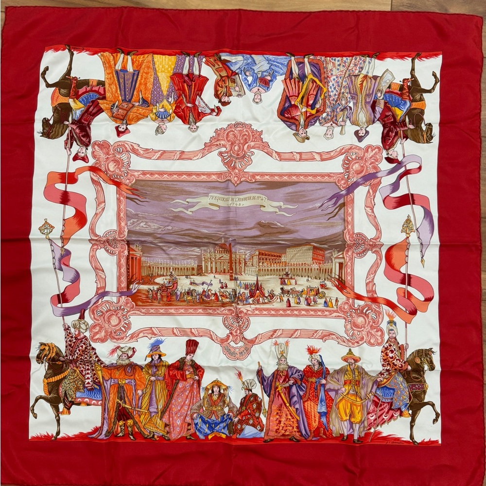 Hermes Scarf with Red and Multicolor Design